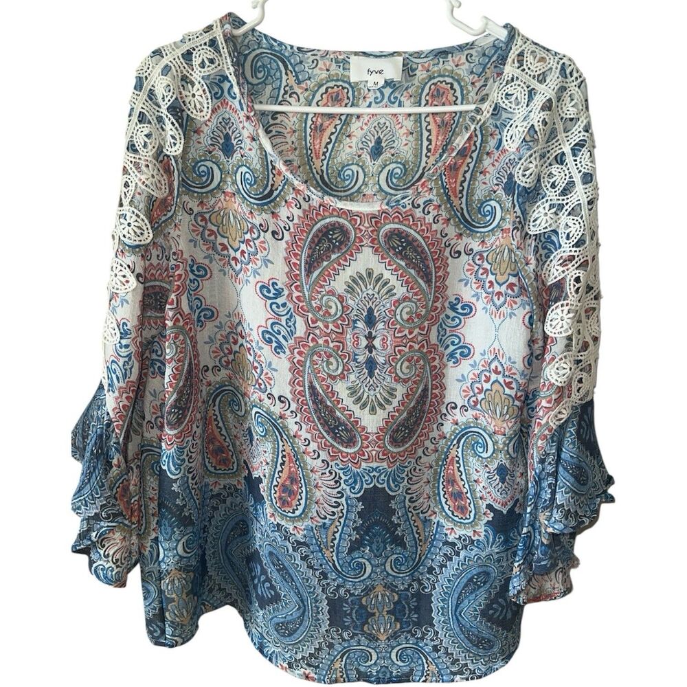 FRYE & CO Blouse Womens M Blue Paisley Chiffon Belle Sleeve Babydoll Top Boho - Picture 2 of 9